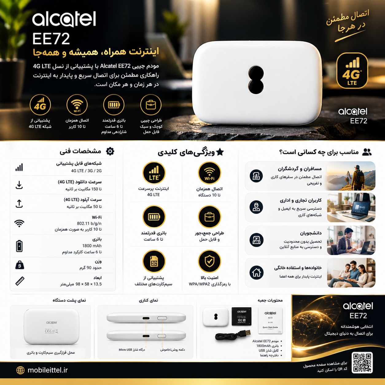 خرید مودم همراه آلکاتل EE72 E - سرعت 150 مگابیت - گارانتی معتبر- آنلاک